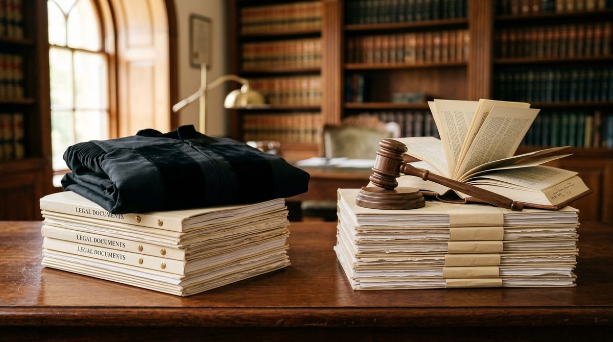 Dos profesionales del derecho trabajando con documentos en un despacho