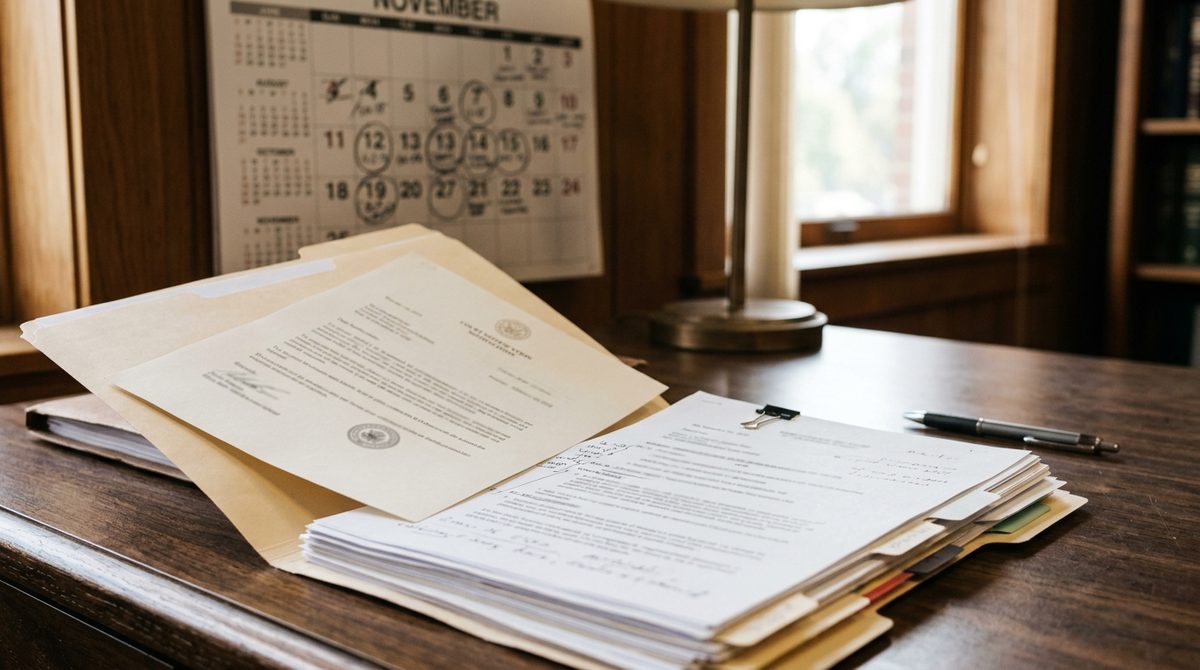 Escritos judiciales y expediente sobre una mesa de despacho