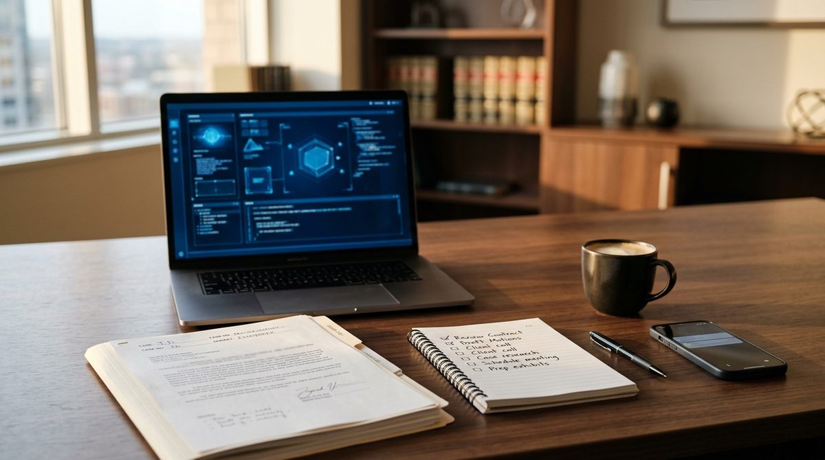 Pantalla de ordenador con trámites judiciales telemáticos en un despacho