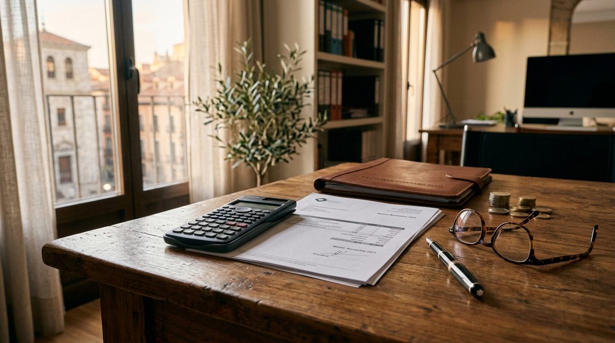 Calculadora y documentos sobre una mesa junto a una taza de café