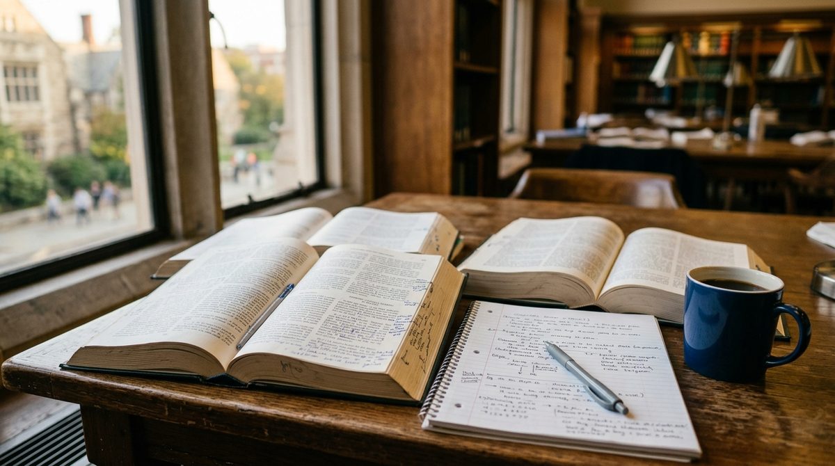 Libros de derecho y apuntes sobre una mesa de estudio